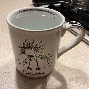 ENESCO Godmother Mug Large Size Two Sided White Mug Black Accents Plaid Handle